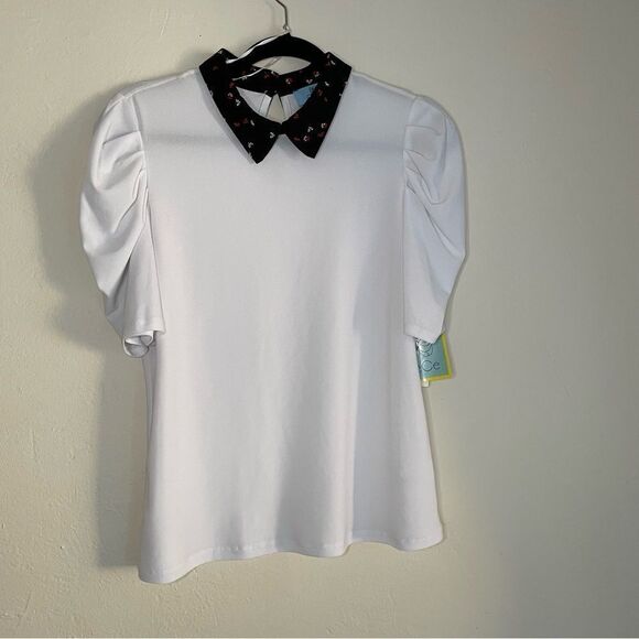CeCe by Cynthia Steffe Printed collared Shirt M NWOT white w/ black collar - Picture 1 of 10